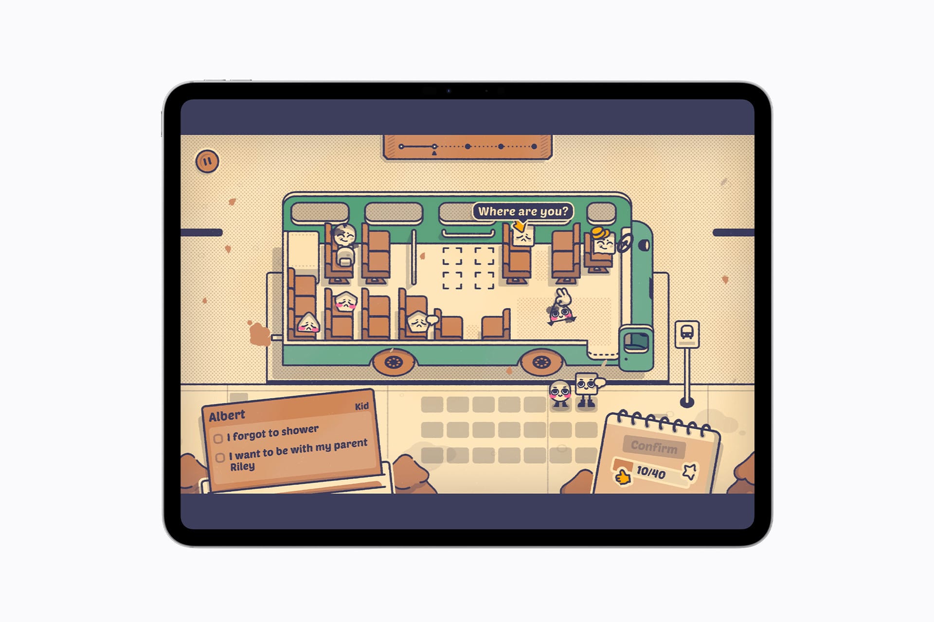 A tablet screen displays a cartoon-style bus interior with passengers. A speech bubble says "Where are you?" while a dialog box at the bottom shows character choices and a notepad labeled "To-Do," inspired by Apple Design Awards-winning interfaces.