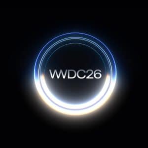 A glowing circular ring with blue and white light surrounds the text "WWDC26" on a black background, hinting at upcoming Apple AI innovations that could impact AAPL and excite Apple stock enthusiasts.