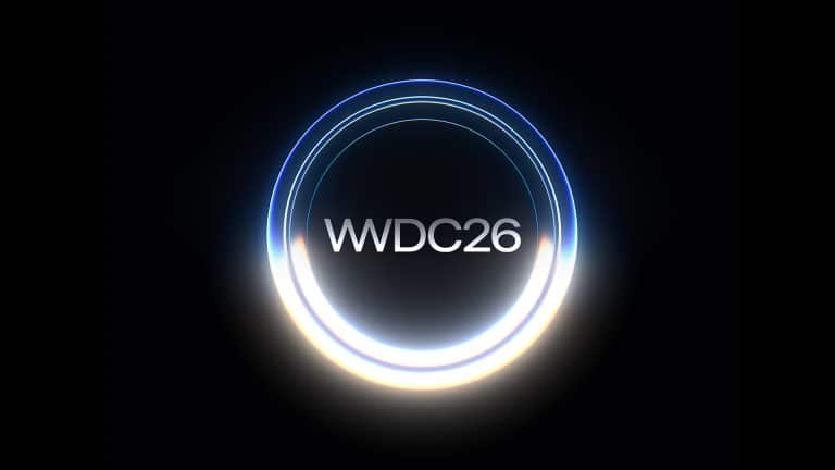 A glowing circular ring with blue and white light surrounds the text "WWDC26" on a black background, hinting at upcoming Apple AI innovations that could impact AAPL and excite Apple stock enthusiasts.