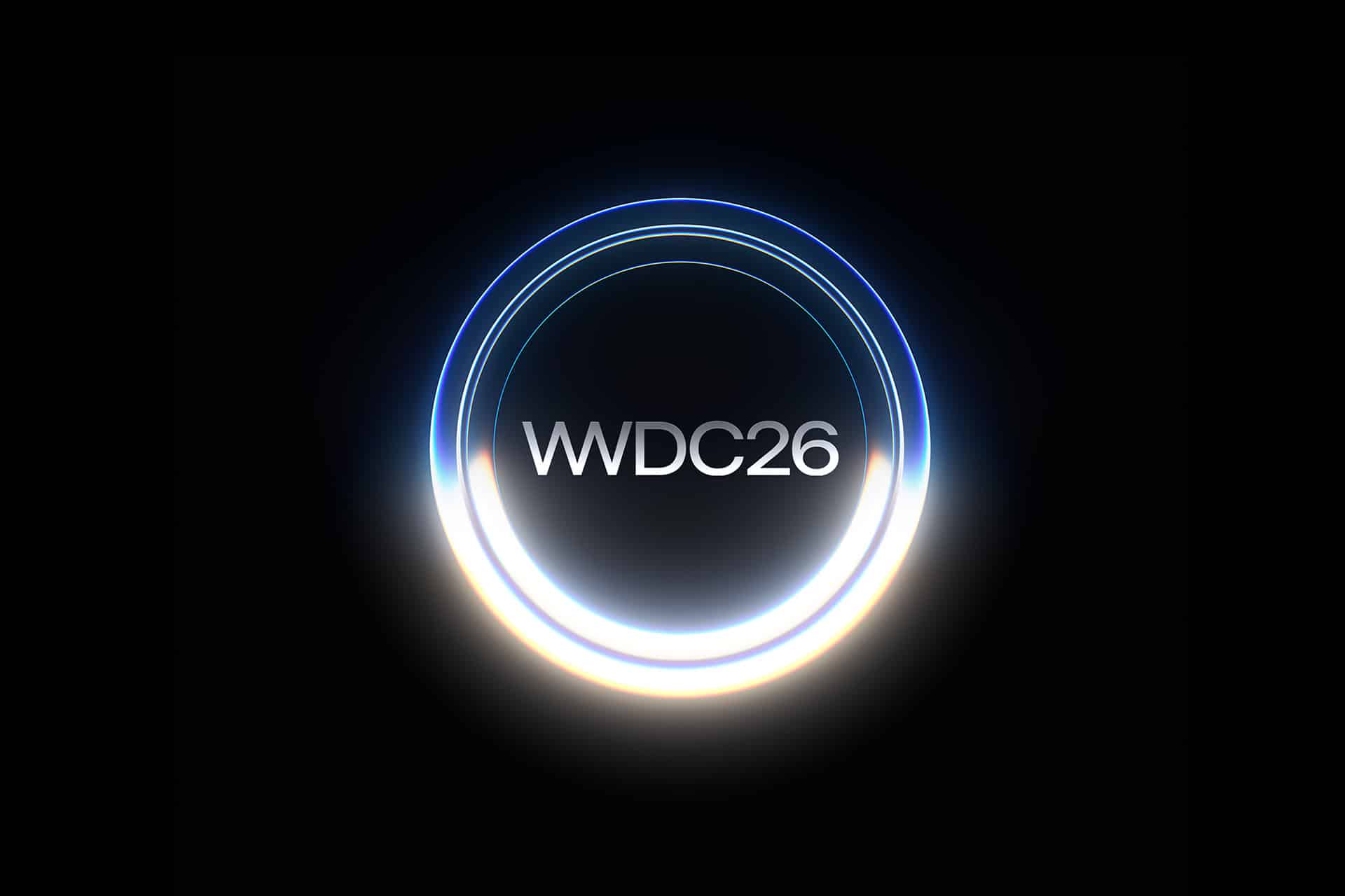 A glowing circular ring with blue and white light surrounds the text "WWDC26" on a black background, hinting at upcoming Apple AI innovations that could impact AAPL and excite Apple stock enthusiasts.