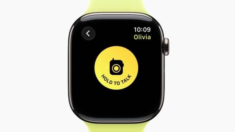 A smartwatch with a yellow band displays the Walkie-Talkie app’s "Hold to Talk" button in the center of the screen, showing a message conversation with "Olivia" at 10:09.