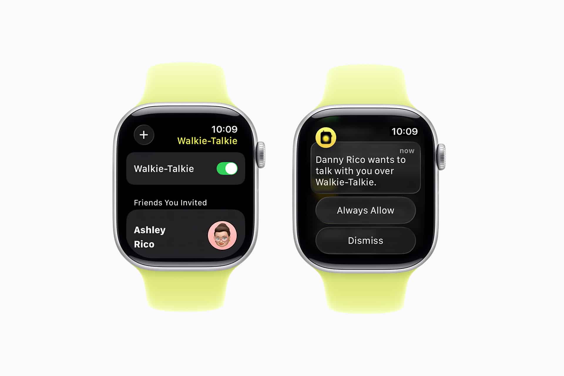 Two Apple Watches with yellow bands running watchOS 27 Walkie-Talkie are shown. The left screen displays an invite to Ashley Rico; the right shows a notification from Danny Rico, with options to allow or dismiss—revealed at WWDC26.