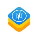 A stylized icon with three stacked diamond shapes in blue, yellow, and orange, featuring a white Safari-like compass symbol—reminiscent of Apple’s browser engines—at the center of the top blue diamond.