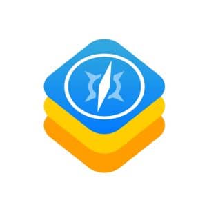 A stylized icon with three stacked diamond shapes in blue, yellow, and orange, featuring a white Safari-like compass symbol—reminiscent of Apple’s browser engines—at the center of the top blue diamond.