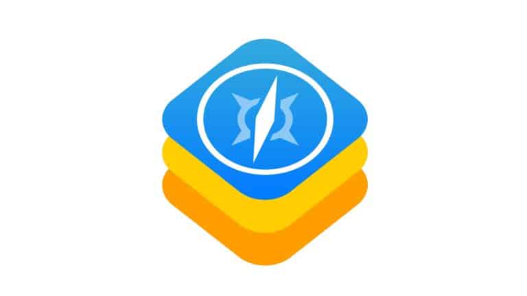 A stylized icon with three stacked diamond shapes in blue, yellow, and orange, featuring a white Safari-like compass symbol—reminiscent of Apple’s browser engines—at the center of the top blue diamond.