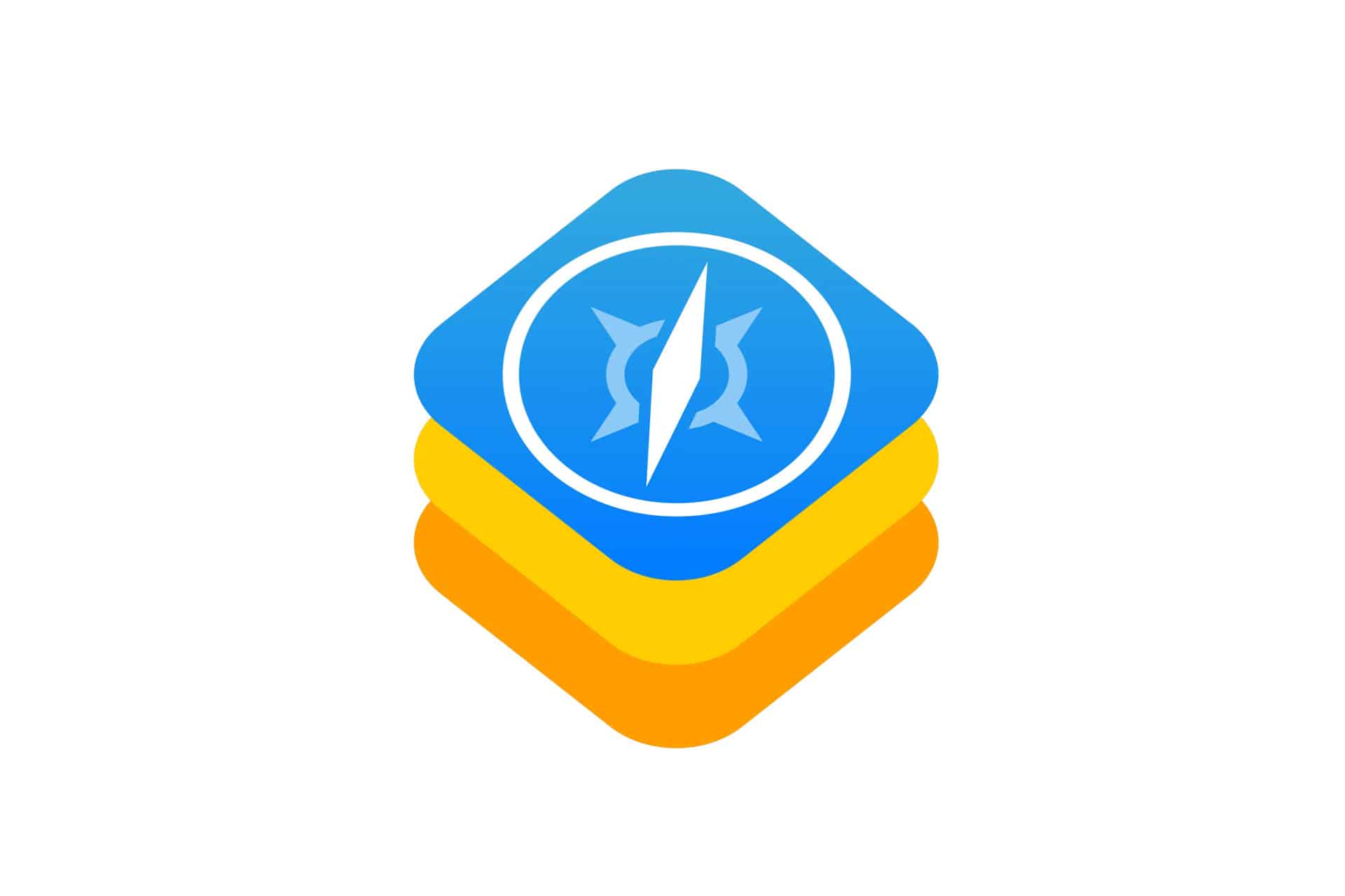 A stylized icon with three stacked diamond shapes in blue, yellow, and orange, featuring a white Safari-like compass symbol—reminiscent of Apple’s browser engines—at the center of the top blue diamond.