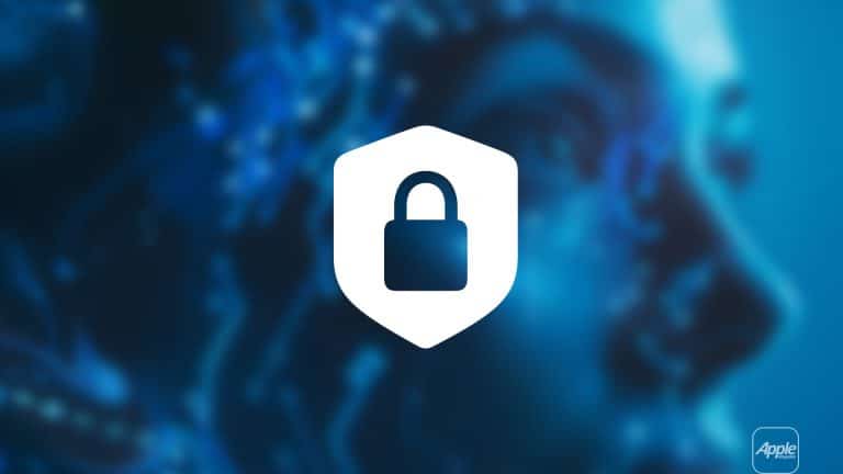A white padlock inside a shield icon appears over a blue, futuristic digital face with circuit patterns. The Apple logo is in the lower right corner. The image suggests cybersecurity and technology protecting against AI hacking.