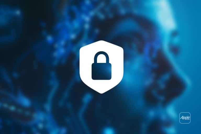 A white padlock inside a shield icon appears over a blue, futuristic digital face with circuit patterns. The Apple logo is in the lower right corner. The image suggests cybersecurity and technology protecting against AI hacking.