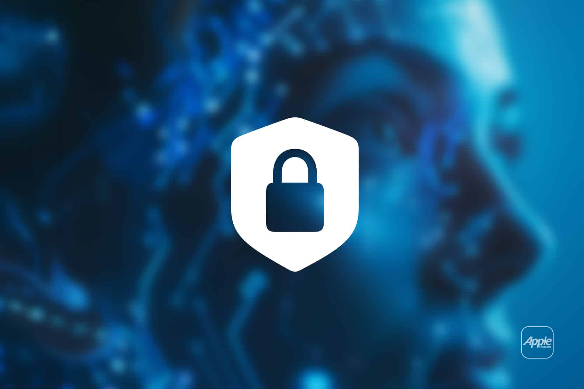 A white padlock inside a shield icon appears over a blue, futuristic digital face with circuit patterns. The Apple logo is in the lower right corner. The image suggests cybersecurity and technology protecting against AI hacking.