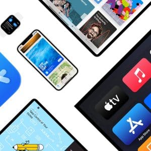 Various Apple devices display app icons and interfaces, including the App Store, iPad, iPhone, Apple Watch, and Apple TV—showcasing popular apps while highlighting the vibrant world of digital content and the role of App Store fees on a white background.