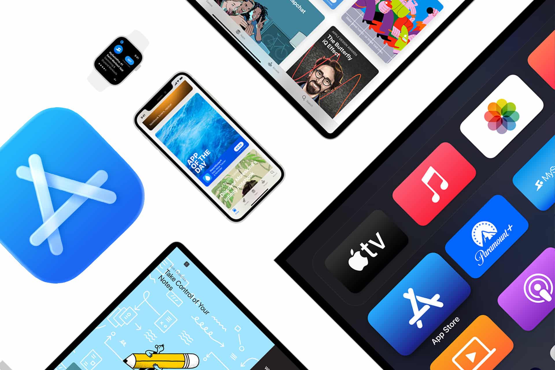 Various Apple devices display app icons and interfaces, including the App Store, iPad, iPhone, Apple Watch, and Apple TV—showcasing popular apps while highlighting the vibrant world of digital content and the role of App Store fees on a white background.