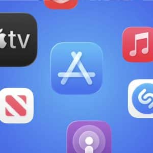 A blue background featuring various Apple app icons, including App Store, Apple TV, Apple Music, News, Podcasts, iCloud, and Shazam—highlighting the impact of Chinese developers in China’s vibrant tech landscape.