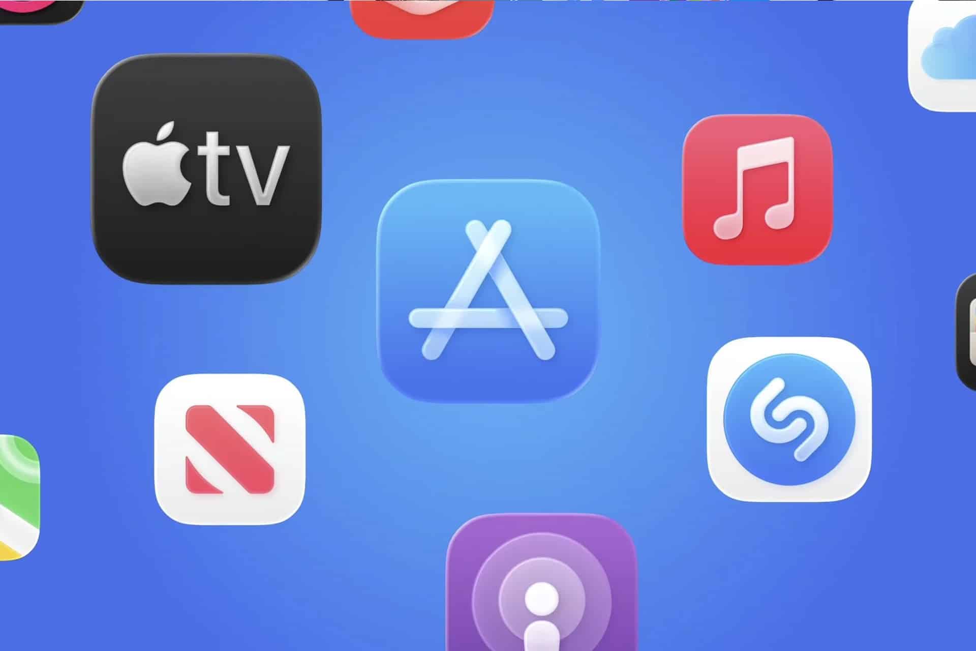 A blue background featuring various Apple app icons, including App Store, Apple TV, Apple Music, News, Podcasts, iCloud, and Shazam—highlighting the impact of Chinese developers in China’s vibrant tech landscape.