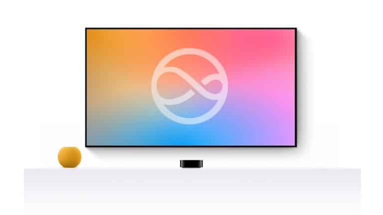 A flat-screen TV with a colorful gradient display and an abstract infinity symbol is mounted on a white wall. Below, a white shelf holds a small yellow sphere and the sleek Next-Gen Apple TV device.