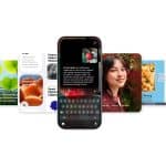 A smartphone featuring Apple Intelligence powers a text search, centered before four overlapping app cards showing topics like underwater leaves, mushrooms, a woman’s portrait, and a pizza—perfect for wwdc26 innovations.