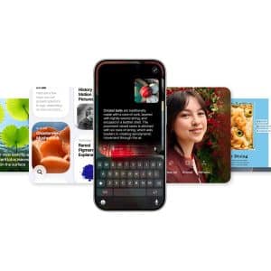 A smartphone featuring Apple Intelligence powers a text search, centered before four overlapping app cards showing topics like underwater leaves, mushrooms, a woman’s portrait, and a pizza—perfect for wwdc26 innovations.