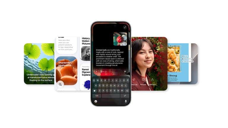 A smartphone featuring Apple Intelligence powers a text search, centered before four overlapping app cards showing topics like underwater leaves, mushrooms, a woman’s portrait, and a pizza—perfect for wwdc26 innovations.