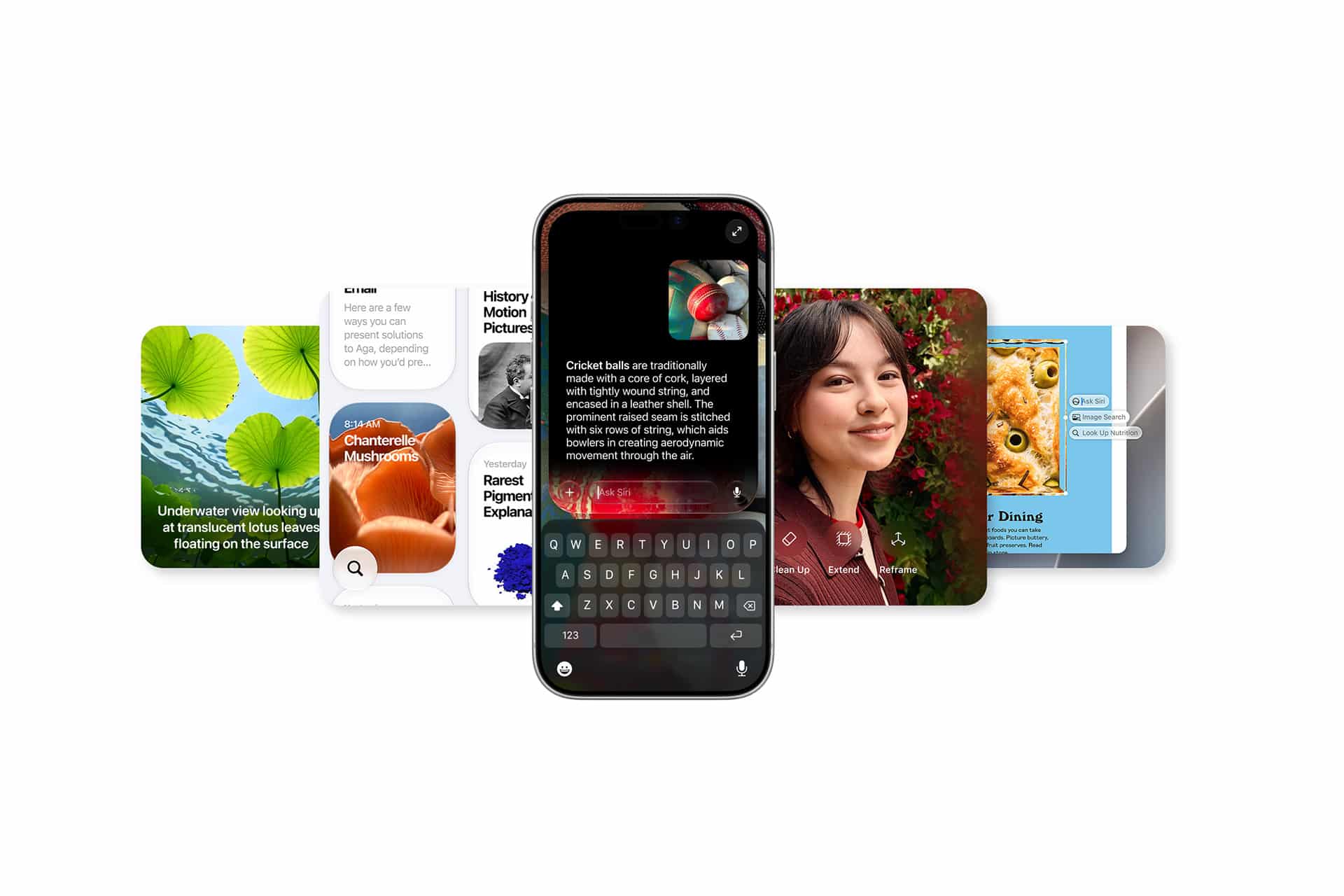 A smartphone featuring Apple Intelligence powers a text search, centered before four overlapping app cards showing topics like underwater leaves, mushrooms, a woman’s portrait, and a pizza—perfect for wwdc26 innovations.