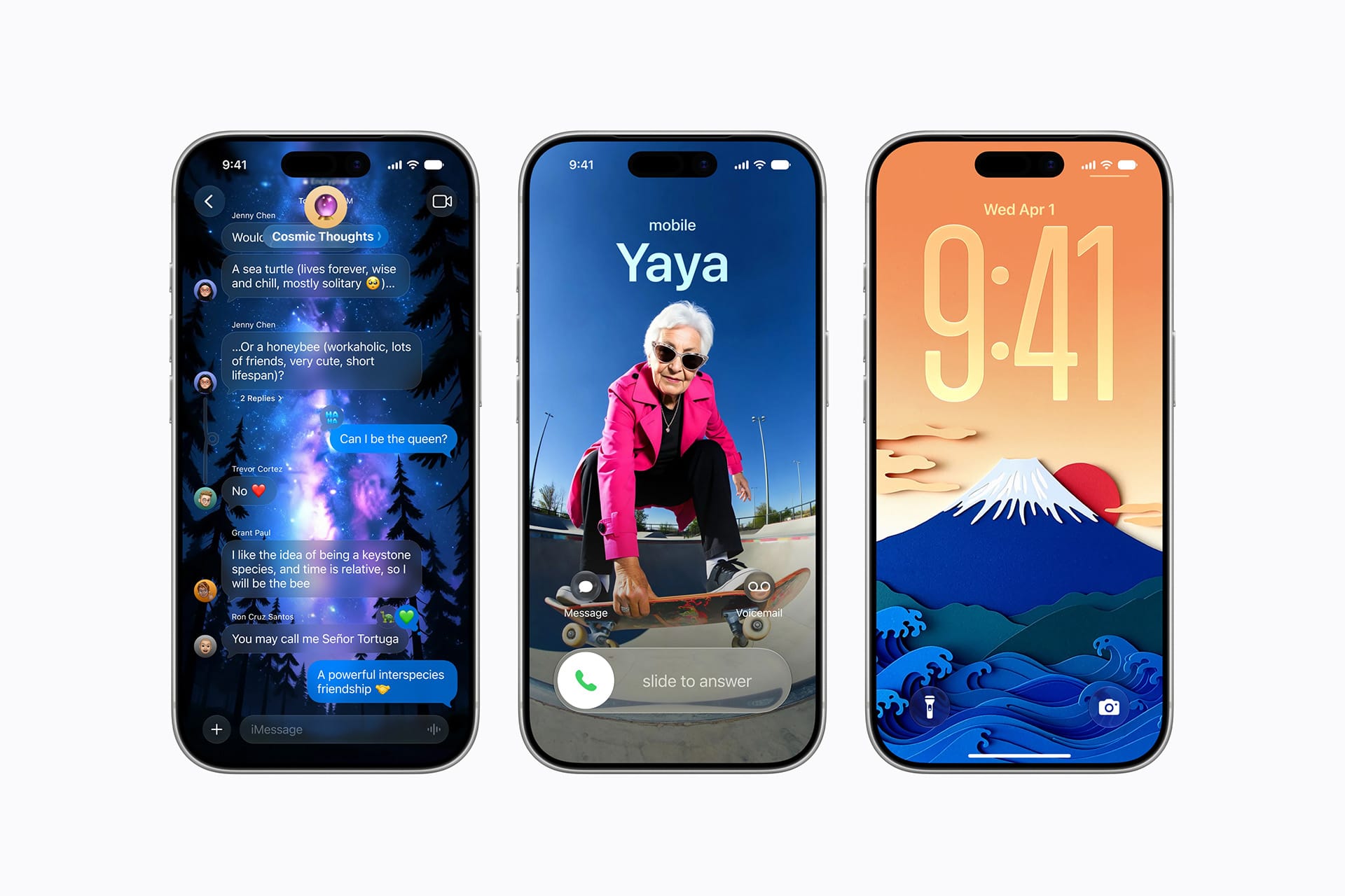 Three iPhones display different screens: a messaging app with cosmic-themed chat, an elderly woman on a skateboard for an incoming call, and a lock screen featuring Mt. Fuji—all showcasing Apple Intelligence ahead of WWDC26.