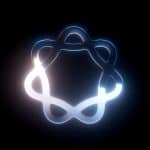 A glowing, abstract metallic shape with six curved, interconnected loops forms a symmetrical pattern against a black background, illuminated with blue and white light—evoking the futuristic vibe of WWDC26 developer betas.
