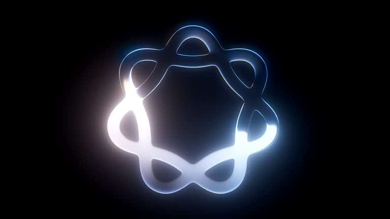 A glowing, abstract metallic shape with six curved, interconnected loops forms a symmetrical pattern against a black background, illuminated with blue and white light—evoking the futuristic vibe of WWDC26 developer betas.