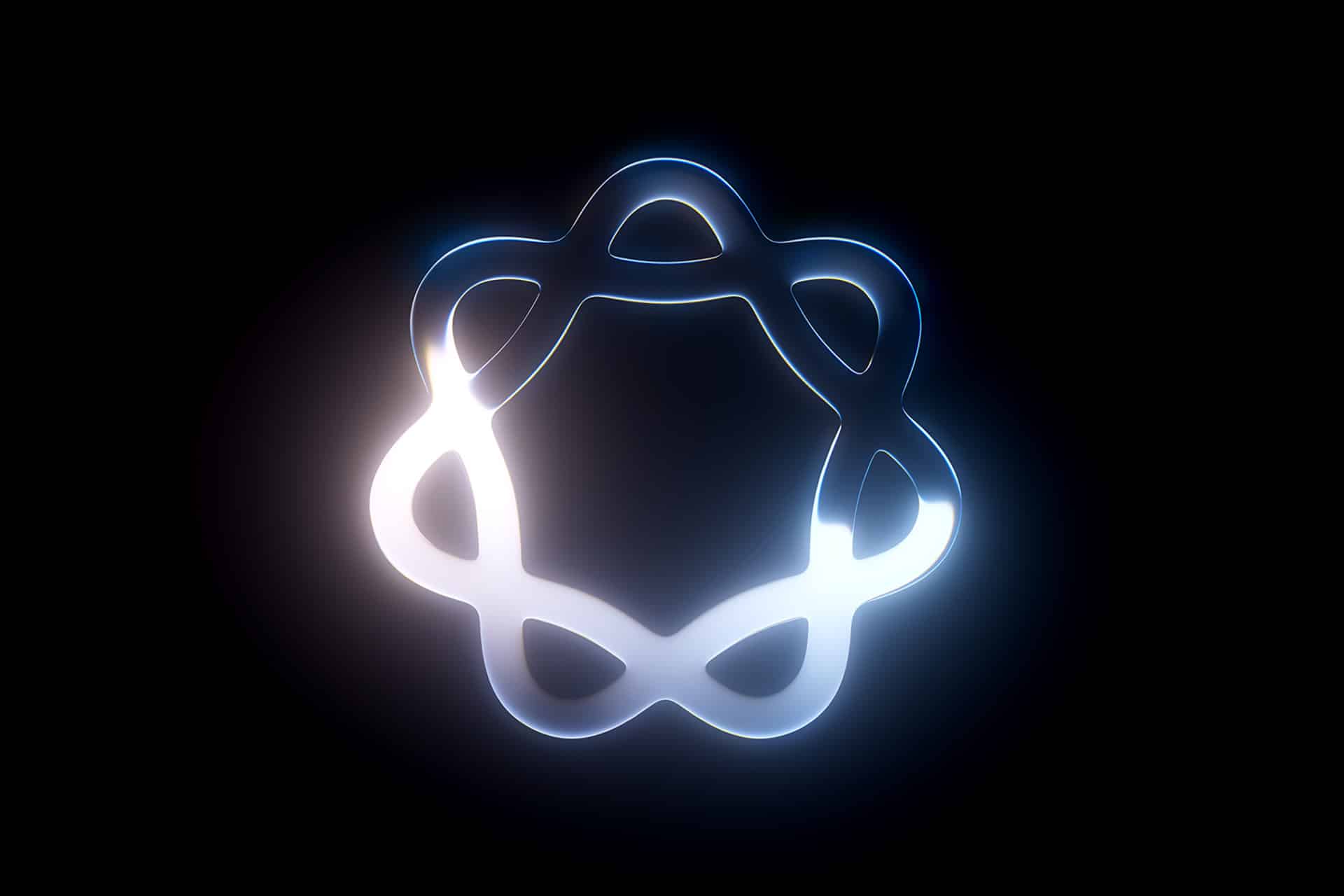 A glowing, abstract metallic shape with six curved, interconnected loops forms a symmetrical pattern against a black background, illuminated with blue and white light—evoking the futuristic vibe of WWDC26 developer betas.