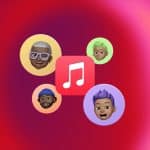 Apple Music logo surrounded by four diverse Memoji characters on a vibrant red and pink gradient background, highlighting Family Sharing features, with a small Apple logo in the bottom right corner. - Family Plan