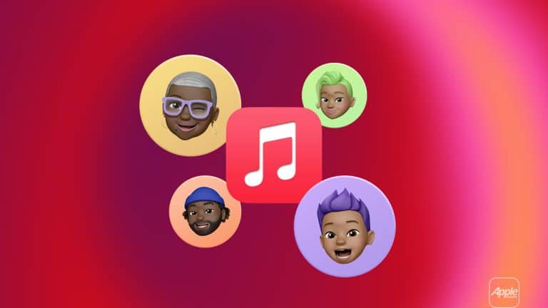 Apple Music logo surrounded by four diverse Memoji characters on a vibrant red and pink gradient background, highlighting Family Sharing features, with a small Apple logo in the bottom right corner. - Family Plan