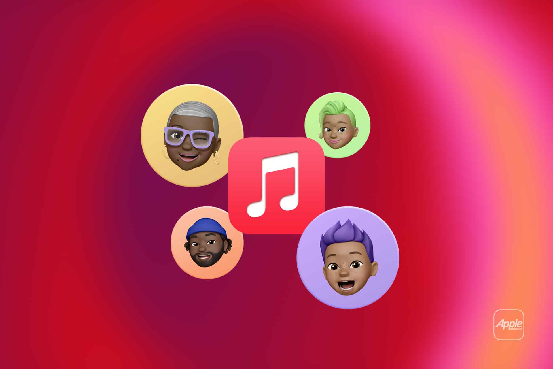 Apple Music logo surrounded by four diverse Memoji characters on a vibrant red and pink gradient background, highlighting Family Sharing features, with a small Apple logo in the bottom right corner. - Family Plan