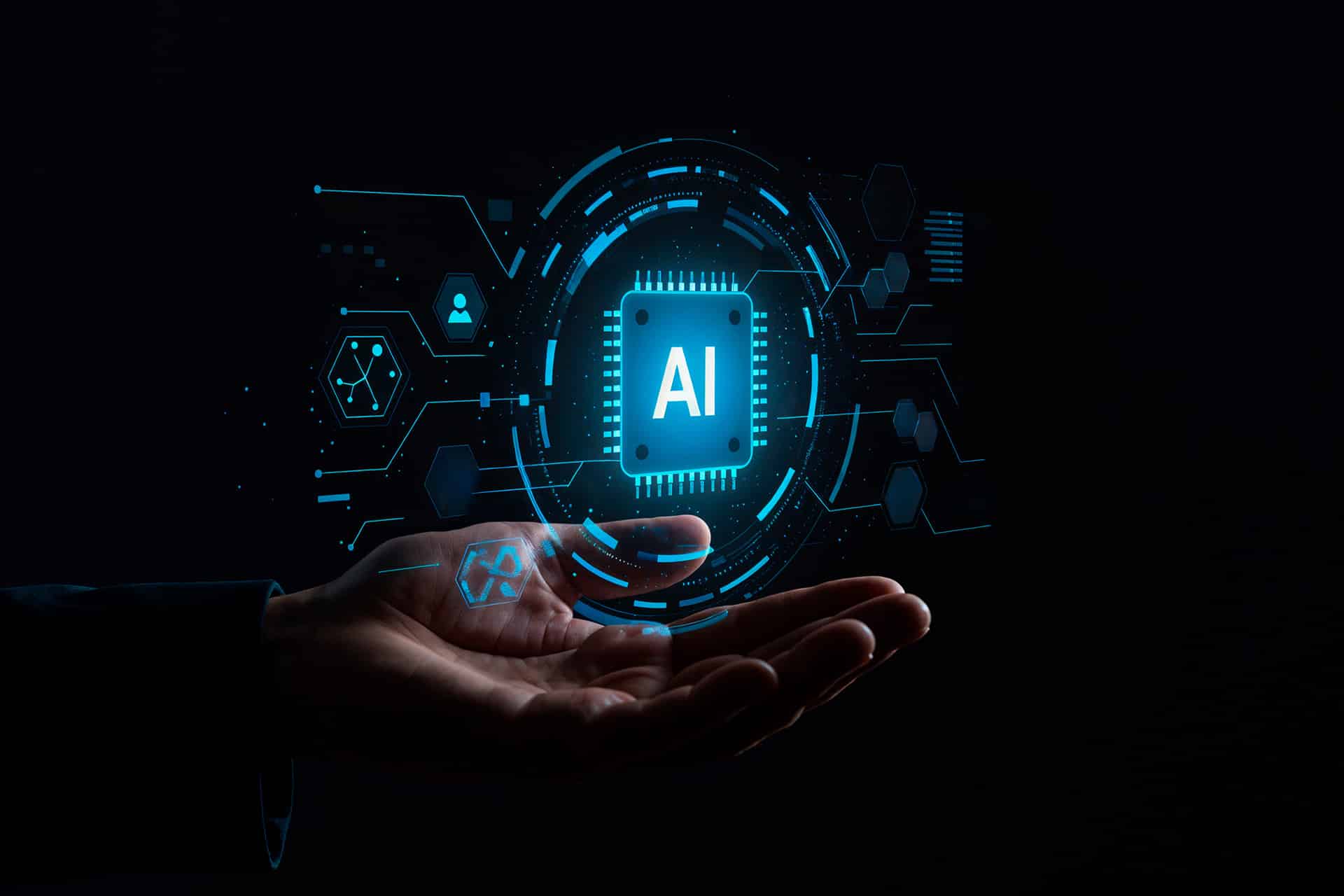 A hand is held open against a dark background, with a glowing digital illustration of a microchip labeled "AI" and various technology icons floating above the palm—capturing the innovation Apple developers bring from Xcode to the App Store Review process.