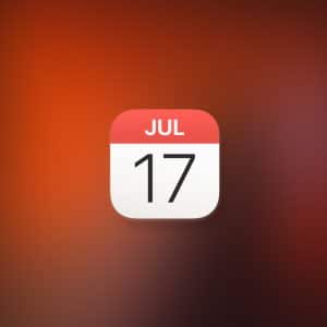 An Apple Calendar app icon displaying "JUL 17" on a blurred orange-red gradient background, with a small "Apple" logo in the lower right corner—perfect for Mac Calendar users.