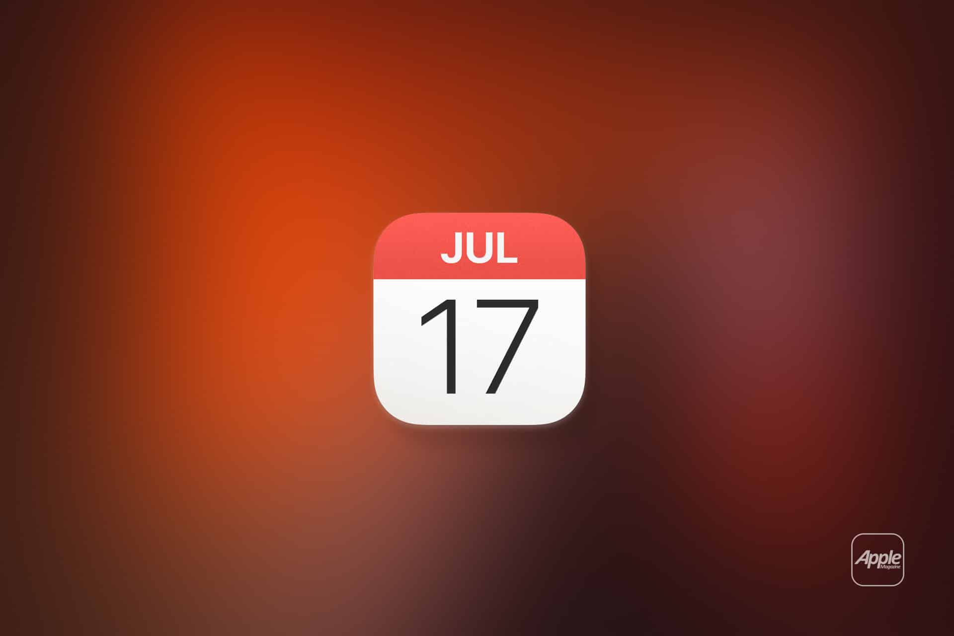 An Apple Calendar app icon displaying "JUL 17" on a blurred orange-red gradient background, with a small "Apple" logo in the lower right corner—perfect for Mac Calendar users.