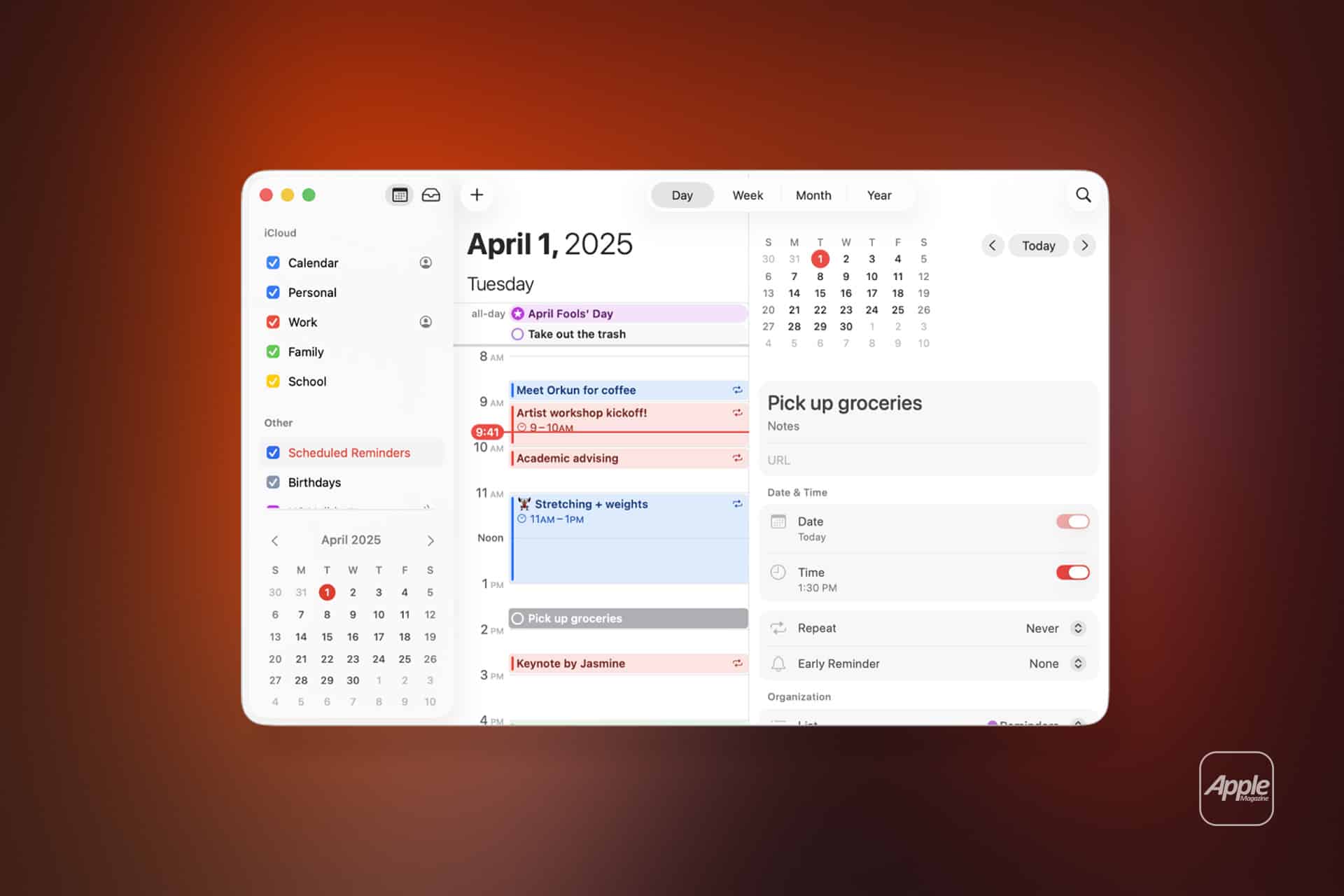 A digital Apple Calendar interface displays events for April 1, 2025, including reminders and meetings. The layout features a sidebar with categories, a daily agenda, event settings, and an Apple logo in the corner.