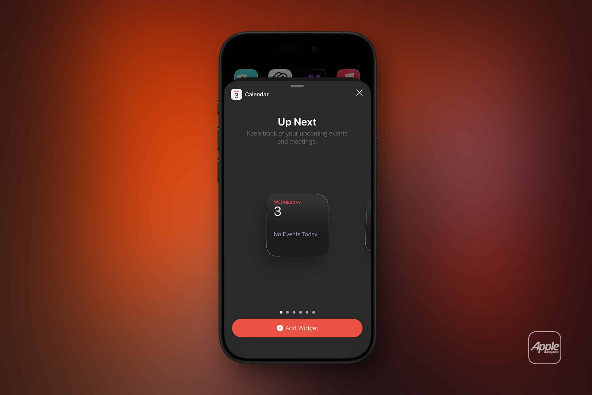 A smartphone screen displays the Apple Calendar widget setup with the message "Up Next" and "No Events Today." The background features a red and orange gradient with an Apple logo in the corner, highlighting seamless Calendar organization.