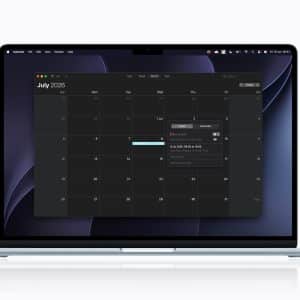 MacBook Pro displaying iCloud Calendar with July 2026 view. A pop-up menu appears, offering options to create a new event or reminder using Apple’s intuitive interface.