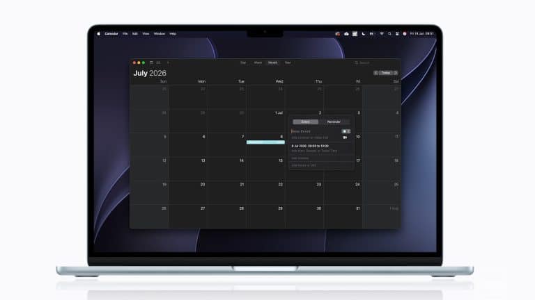 MacBook Pro displaying iCloud Calendar with July 2026 view. A pop-up menu appears, offering options to create a new event or reminder using Apple’s intuitive interface.