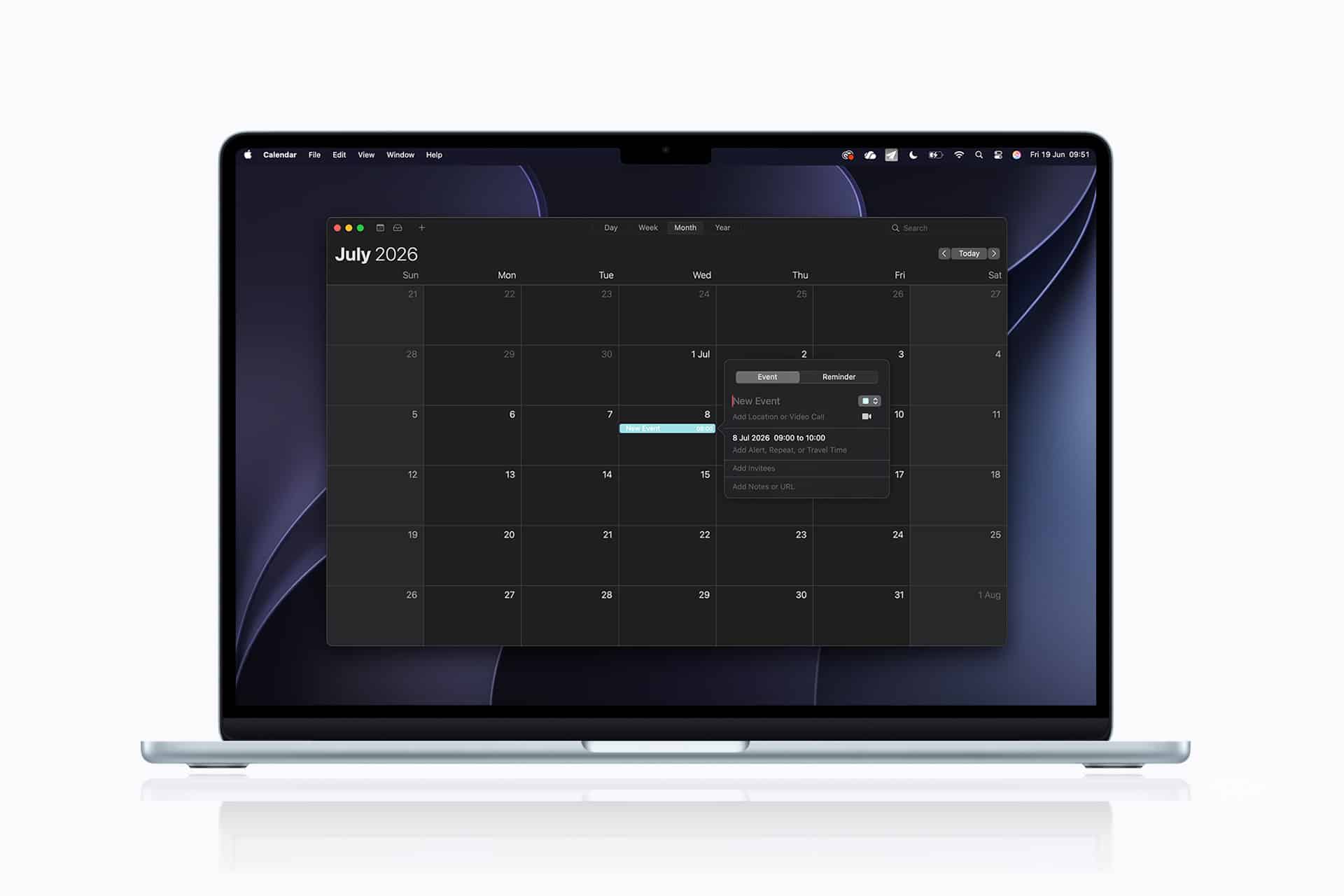 MacBook Pro displaying iCloud Calendar with July 2026 view. A pop-up menu appears, offering options to create a new event or reminder using Apple’s intuitive interface.