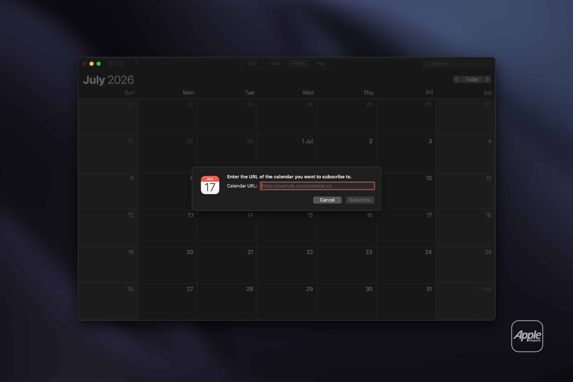 A dark-themed digital calendar for July 2026 displays a popup window prompting the user to enter an iCloud Calendar URL to subscribe. An Apple logo is visible in the bottom right corner.