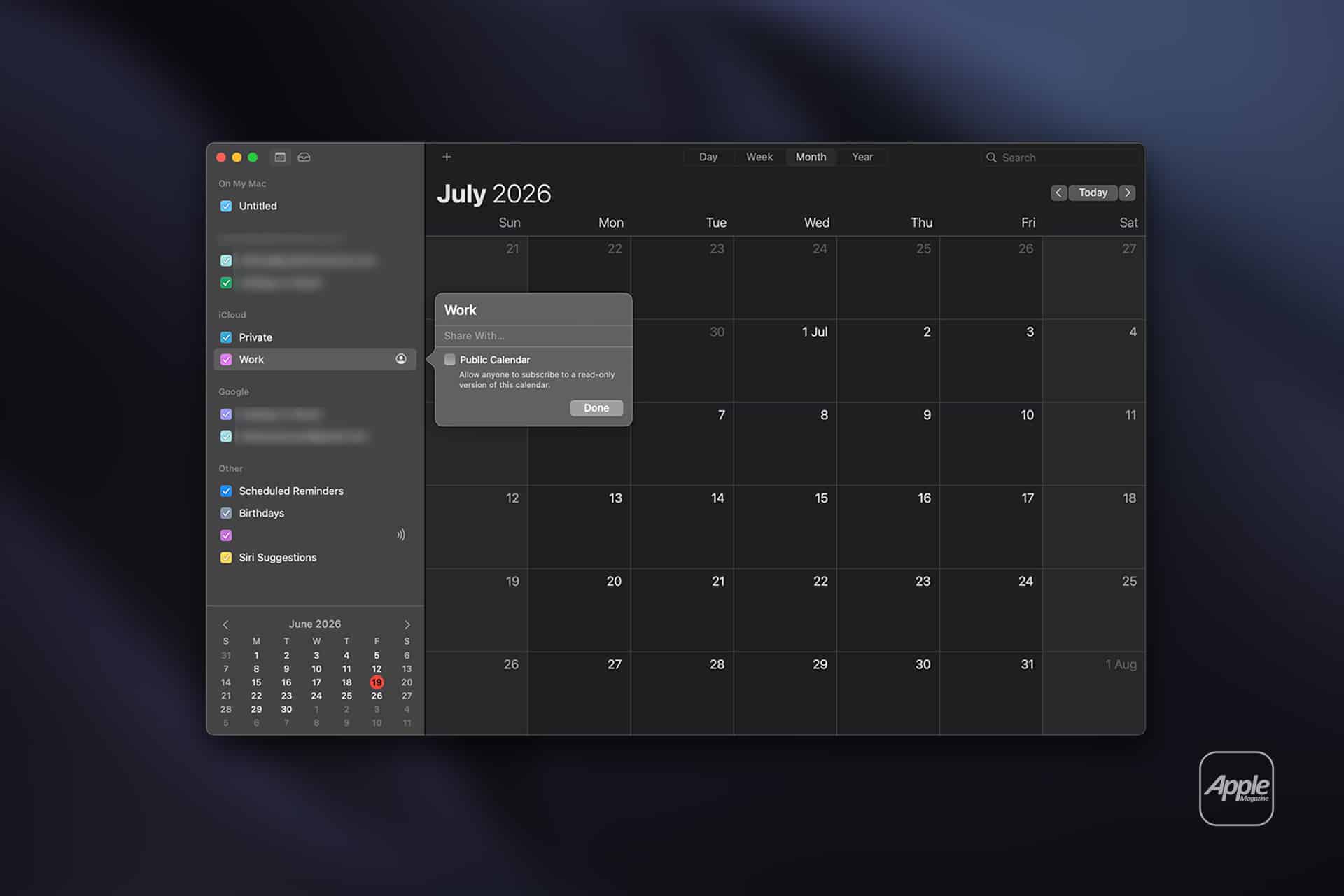 A MacOS Calendar app is open to July 2026 in month view. An "iCloud Calendar" sharing pop-up titled "Work" appears. The Apple logo is in the corner, and the dock is visible at the bottom right.