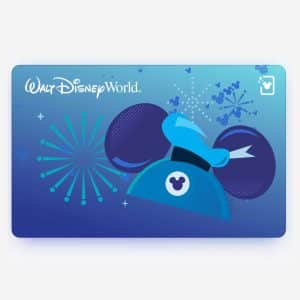 A blue Walt Disney World card featuring Mickey Mouse ears with a sorcerer’s hat, surrounded by fireworks and sparkles on a blue gradient background—perfect for adding to your Apple Wallet on iOS 27.