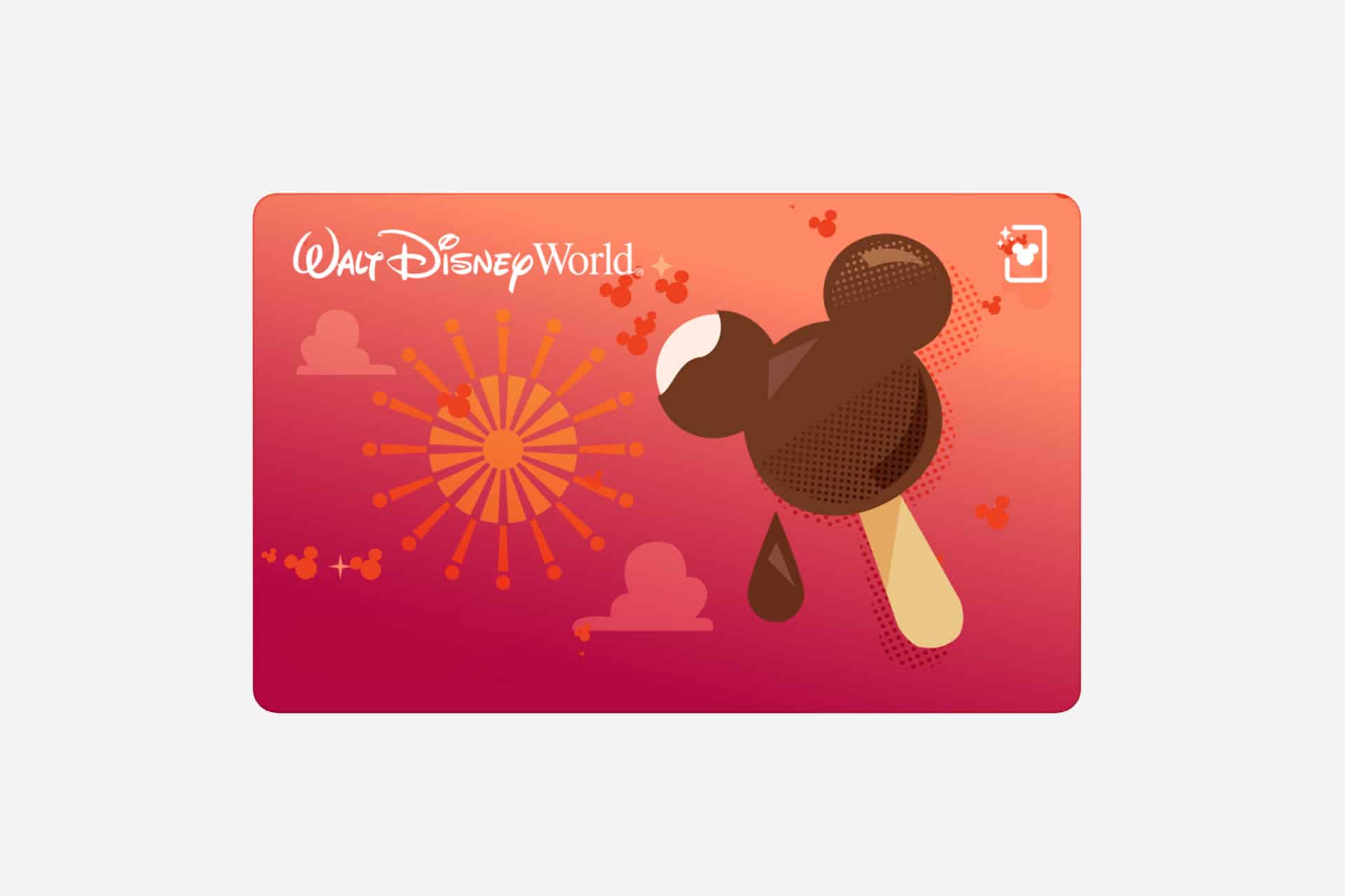 A Walt Disney World card featuring a Mickey Mouse-shaped ice cream bar, stylized sun, clouds, and small Mickey icons on a red-orange background—perfect for adding to your My Disney Experience app or showing off on iOS 27.