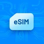 A digital illustration of a SIM card labeled "eSIM" on a blue background with electronic circuit patterns, highlighting its use in eSIM iPhone models and compatibility with various mobile networks and carriers.