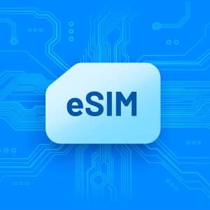 A digital illustration of a SIM card labeled "eSIM" on a blue background with electronic circuit patterns, highlighting its use in eSIM iPhone models and compatibility with various mobile networks and carriers.