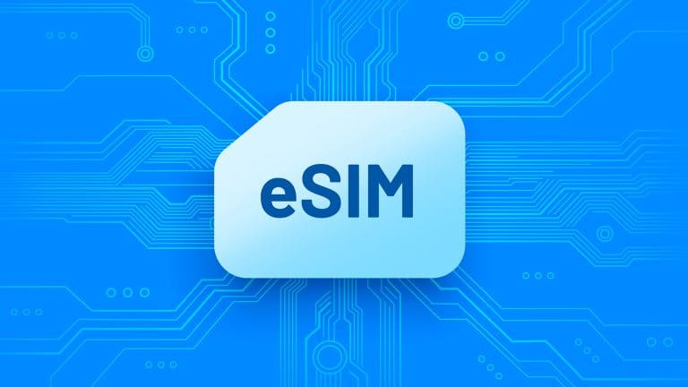 A digital illustration of a SIM card labeled "eSIM" on a blue background with electronic circuit patterns, highlighting its use in eSIM iPhone models and compatibility with various mobile networks and carriers.
