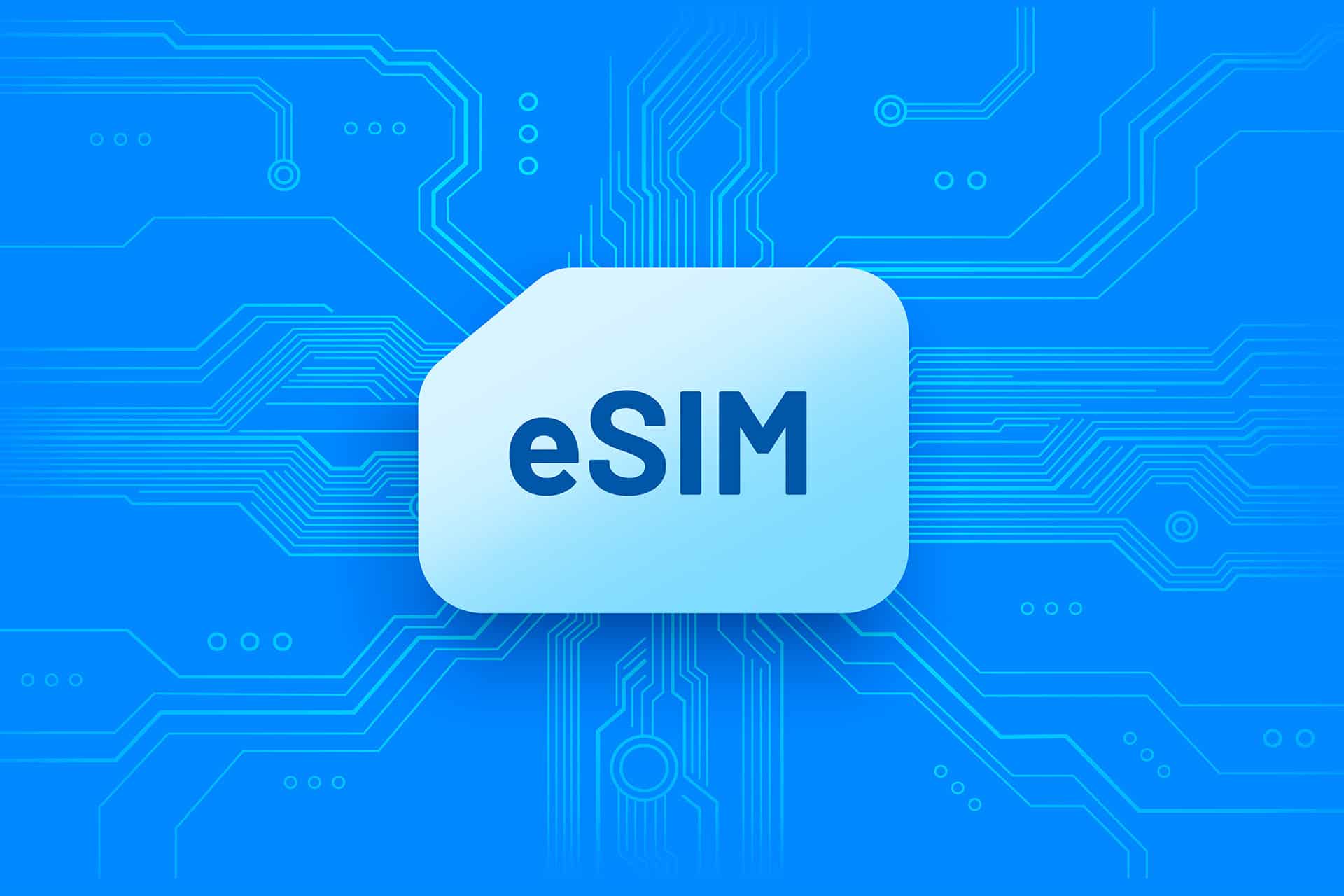 A digital illustration of a SIM card labeled "eSIM" on a blue background with electronic circuit patterns, highlighting its use in eSIM iPhone models and compatibility with various mobile networks and carriers.