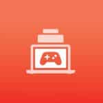 A graphic of a laptop with a game controller icon on its screen, positioned below stacked blocks, set against a red-orange gradient background—perfect for illustrating PC developers using Game Porting Toolkit tools.
