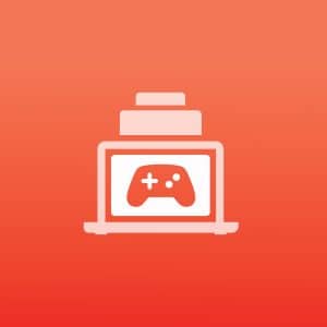 A graphic of a laptop with a game controller icon on its screen, positioned below stacked blocks, set against a red-orange gradient background—perfect for illustrating PC developers using Game Porting Toolkit tools.