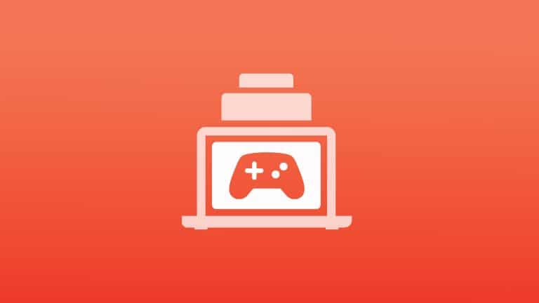 A graphic of a laptop with a game controller icon on its screen, positioned below stacked blocks, set against a red-orange gradient background—perfect for illustrating PC developers using Game Porting Toolkit tools.