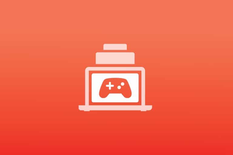 A graphic of a laptop with a game controller icon on its screen, positioned below stacked blocks, set against a red-orange gradient background—perfect for illustrating PC developers using Game Porting Toolkit tools.