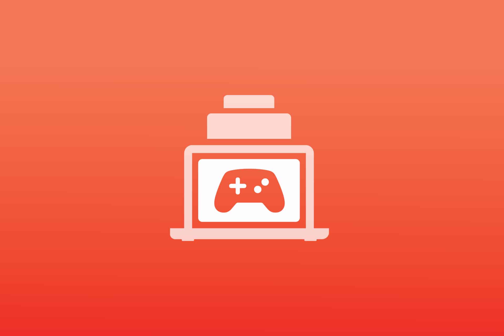A graphic of a laptop with a game controller icon on its screen, positioned below stacked blocks, set against a red-orange gradient background—perfect for illustrating PC developers using Game Porting Toolkit tools.